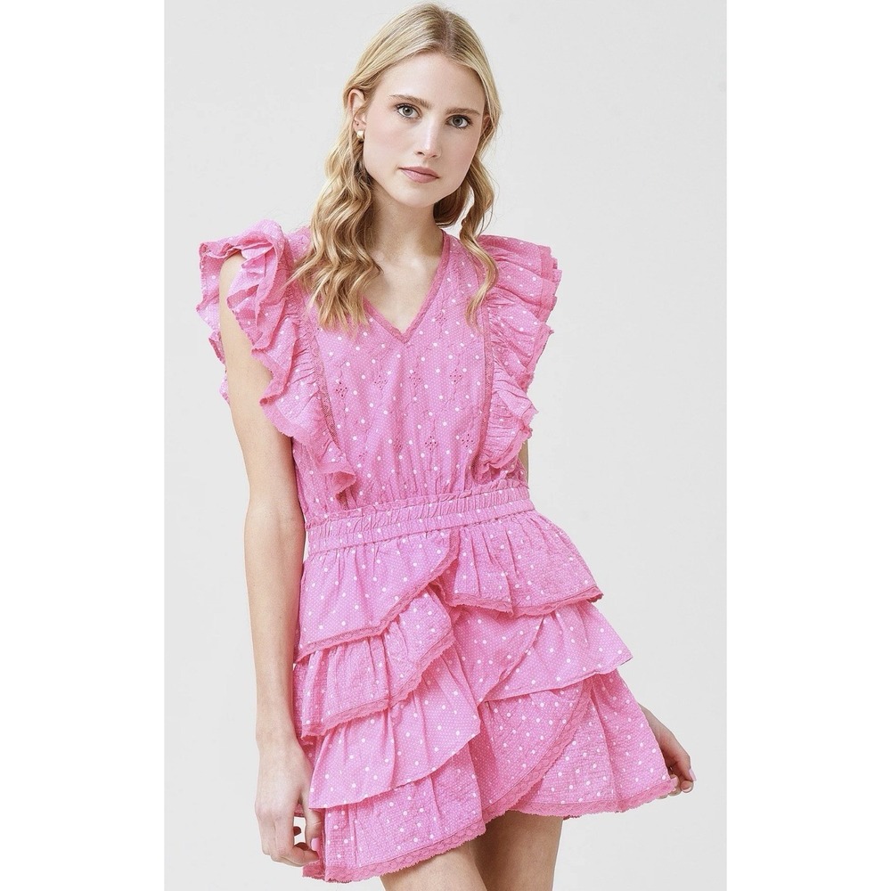 Loveshackfancy Correli Mini Dress Pink Ruffled Lace Women's Small Polka Dot